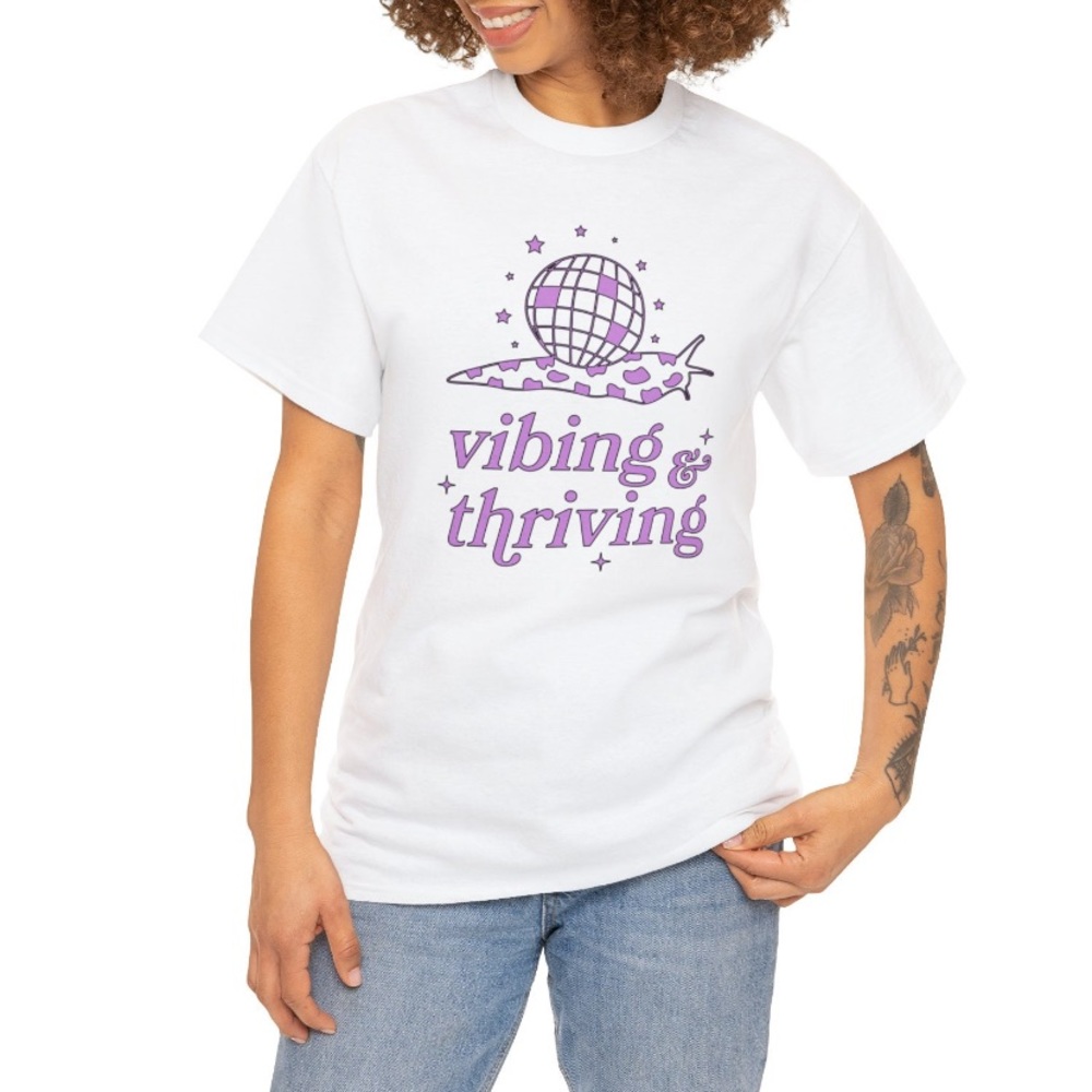 Vibing And Thriving Disco Ball Cow Print Snail With Stars T Shirt - Purple White